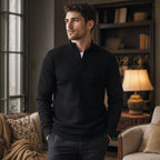 Henley Sweater Mock Neck Waffle Knit Black – Styled Editorial Shot