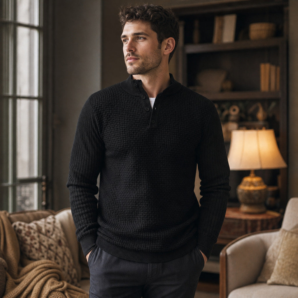 Henley Sweater Mock Neck Waffle Knit Black – Styled Editorial Shot