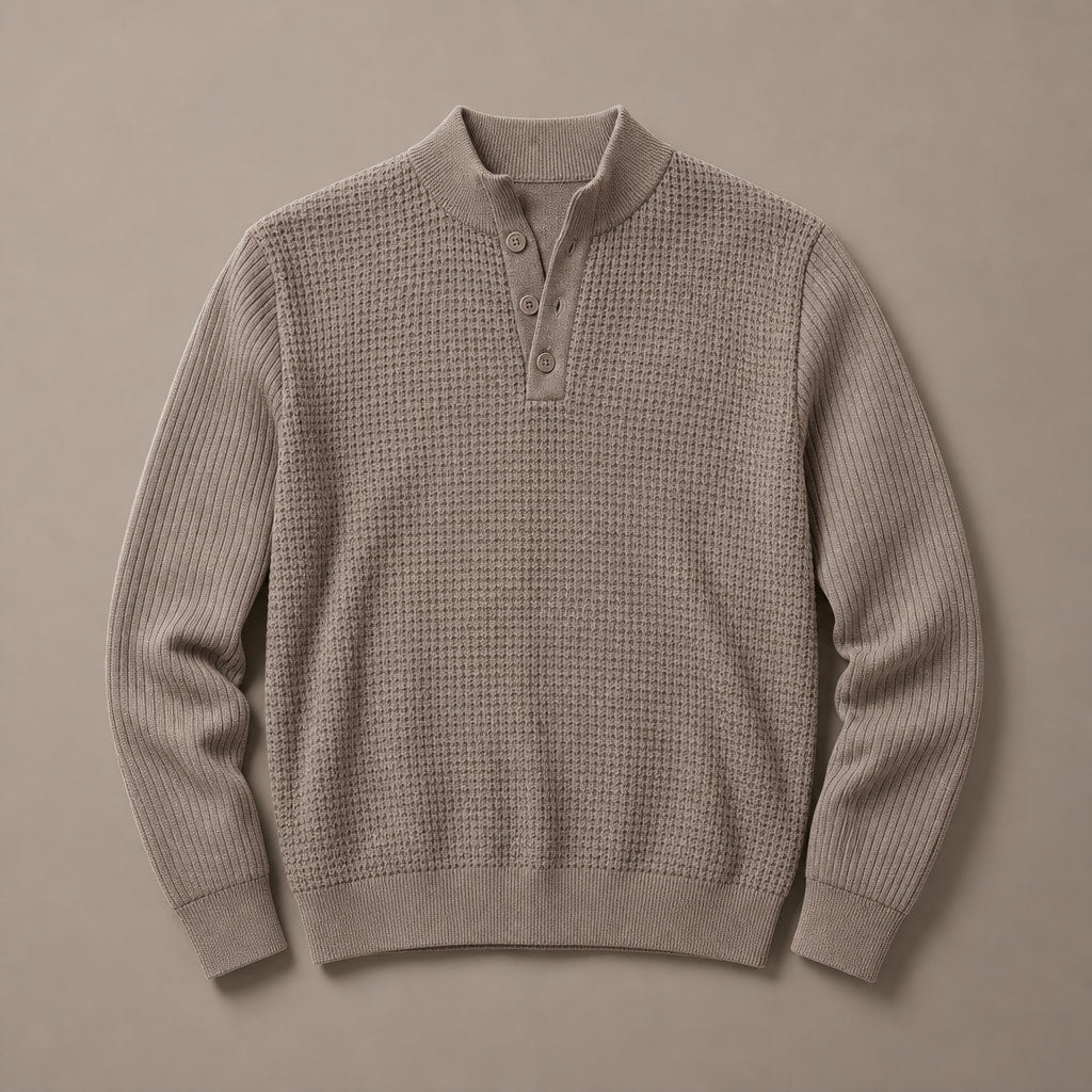 Henley Sweater Mock Neck Waffle Knit Brown and Gray – Product Photo