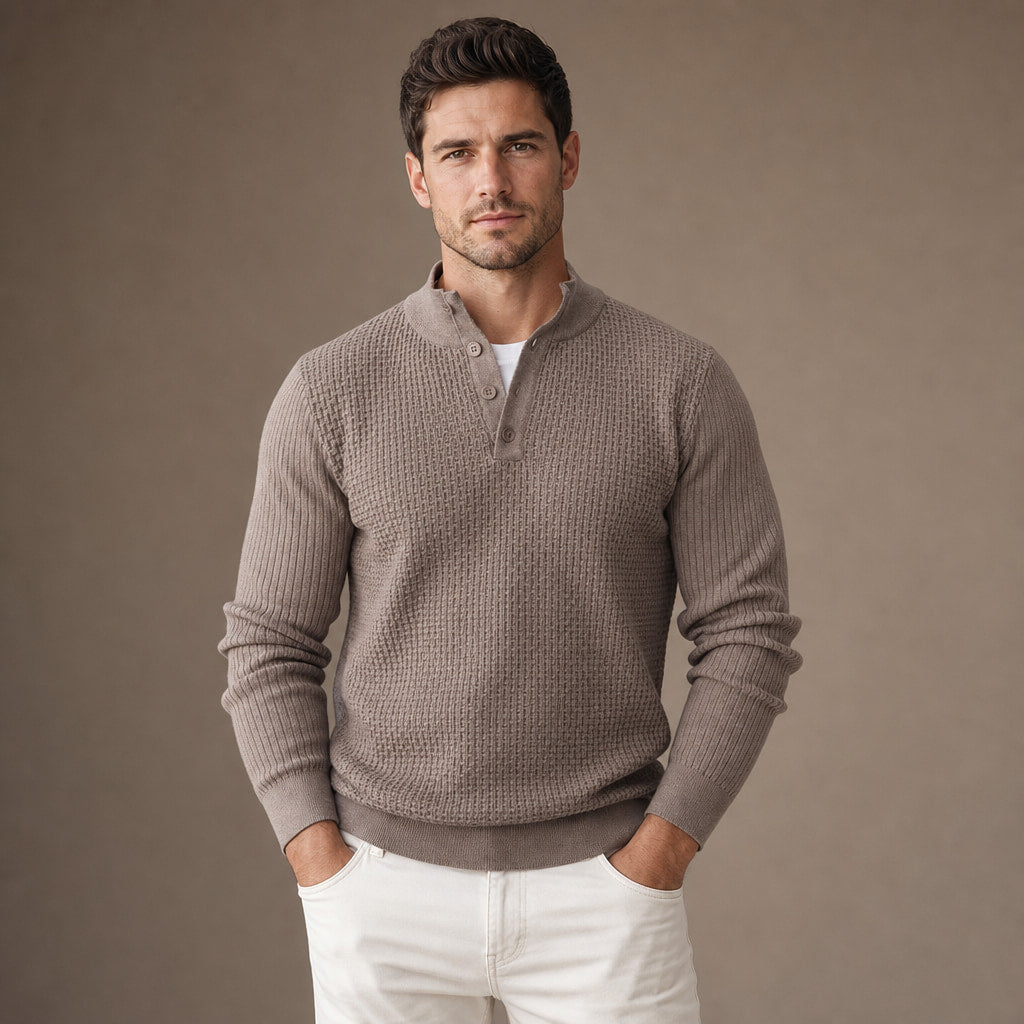 Henley Sweater Mock Neck Waffle Knit in Brown and Gray – Tarlano Premium Menswear