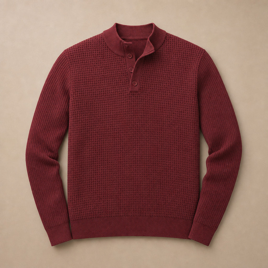 Henley Sweater Mock Neck Waffle Knit Burgundy – Product Photo