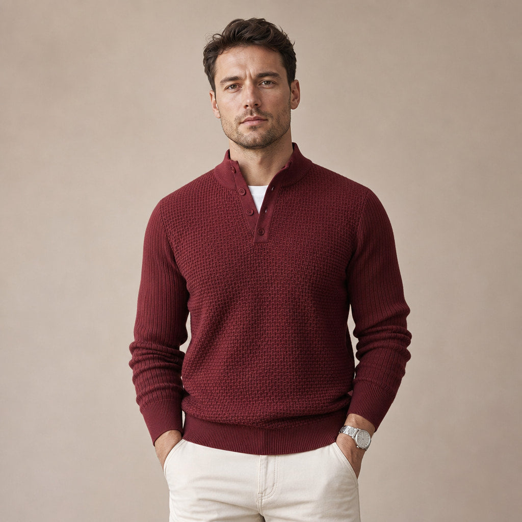 Henley Sweater Mock Neck Waffle Knit in Burgundy – Tarlano Premium Menswear