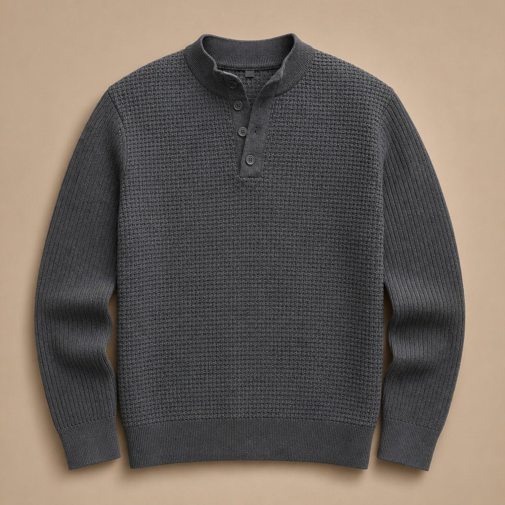 Henley Sweater Mock Neck Waffle Knit Dark Gray – Product Photo