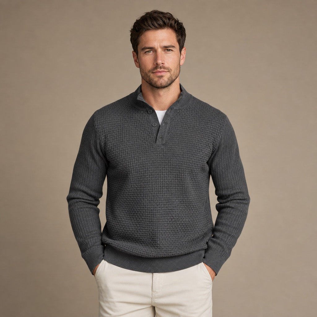 Henley Sweater Mock Neck Waffle Knit in Dark Gray – Tarlano Premium Menswear