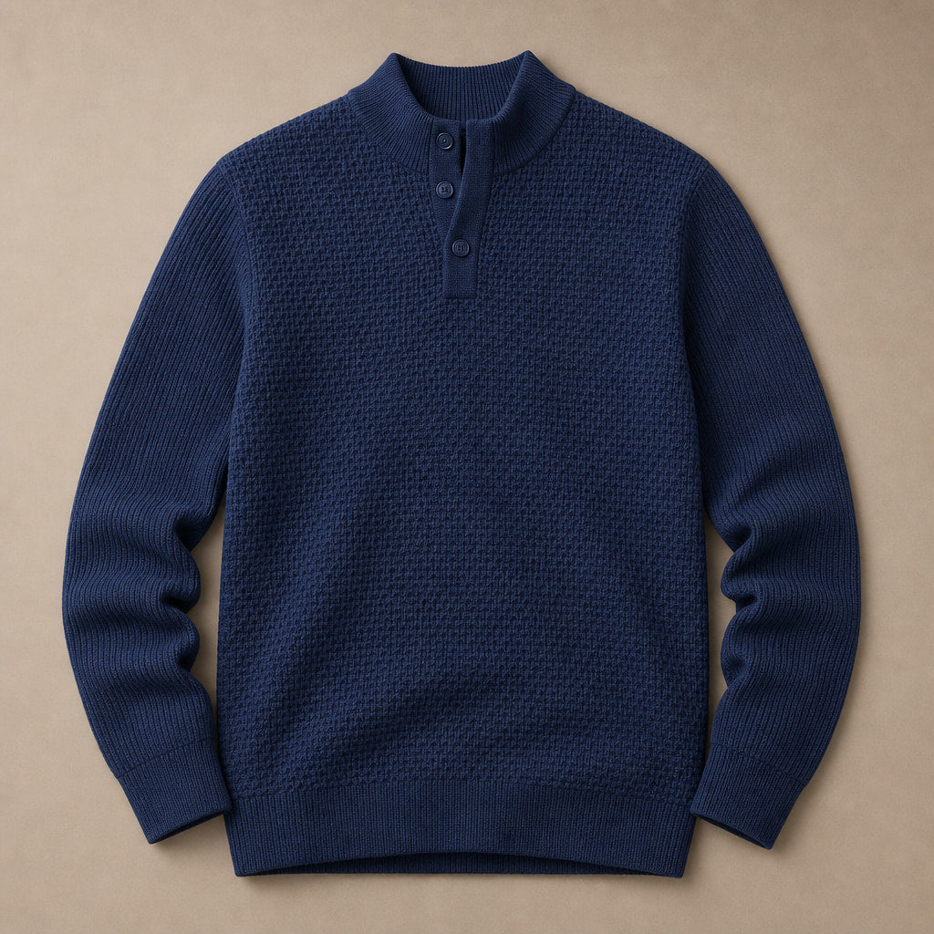 Henley Sweater Mock Neck Waffle Knit Navy – Product Photo