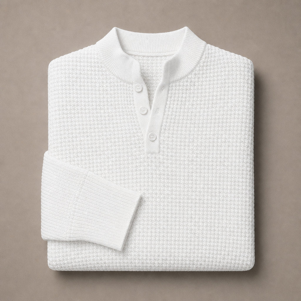 Henley Sweater Mock Neck Waffle Knit White – Product Photo