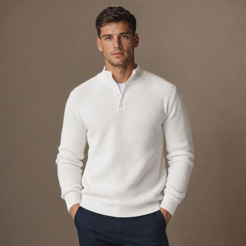 Henley Sweater Mock Neck Waffle Knit in White – Tarlano Premium Menswear