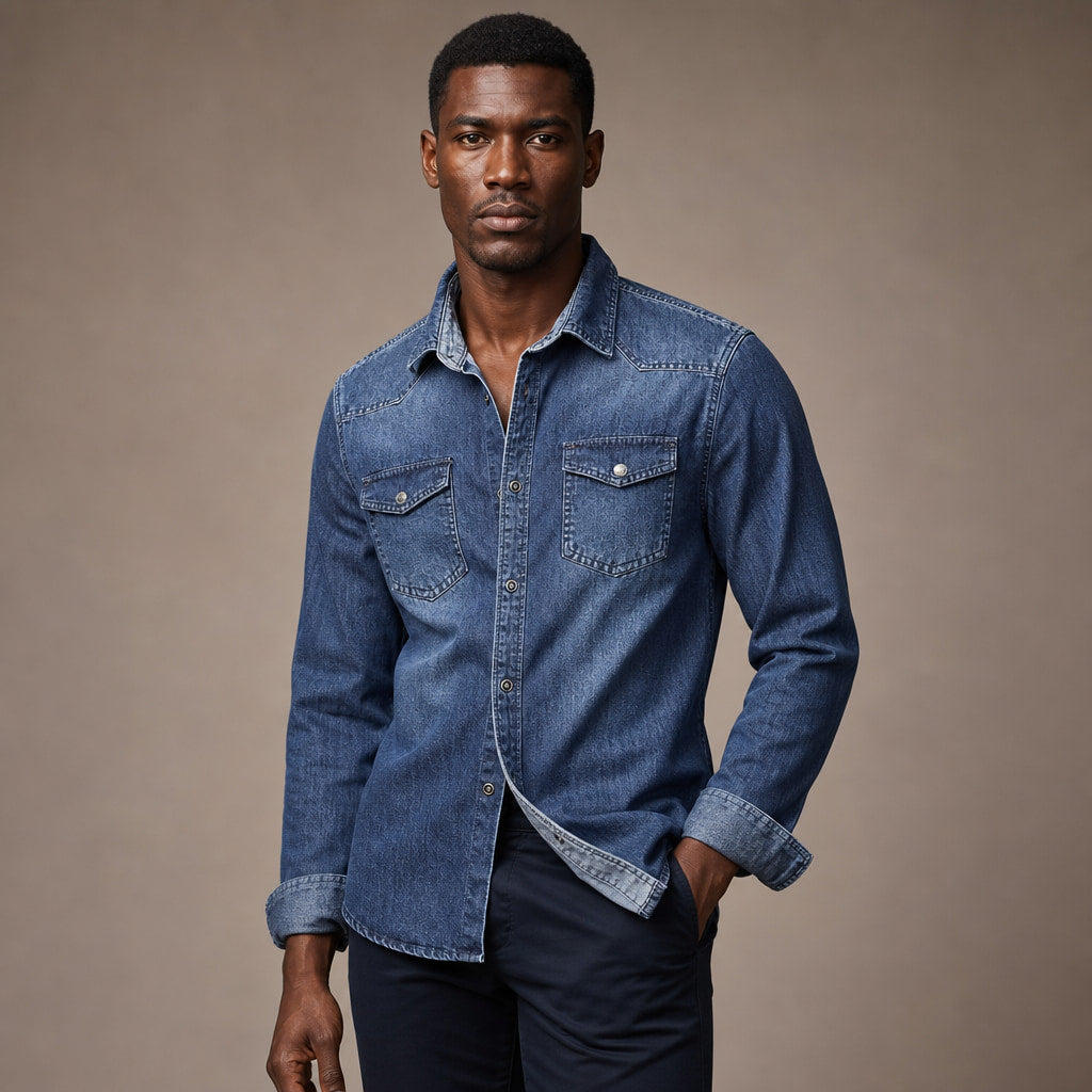 Denim Shirt Loose Fit Long Sleeve Denim Blue – Side Angle View