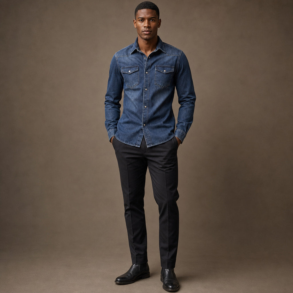 Denim Shirt Loose Fit Long Sleeve Denim Blue – Full Look