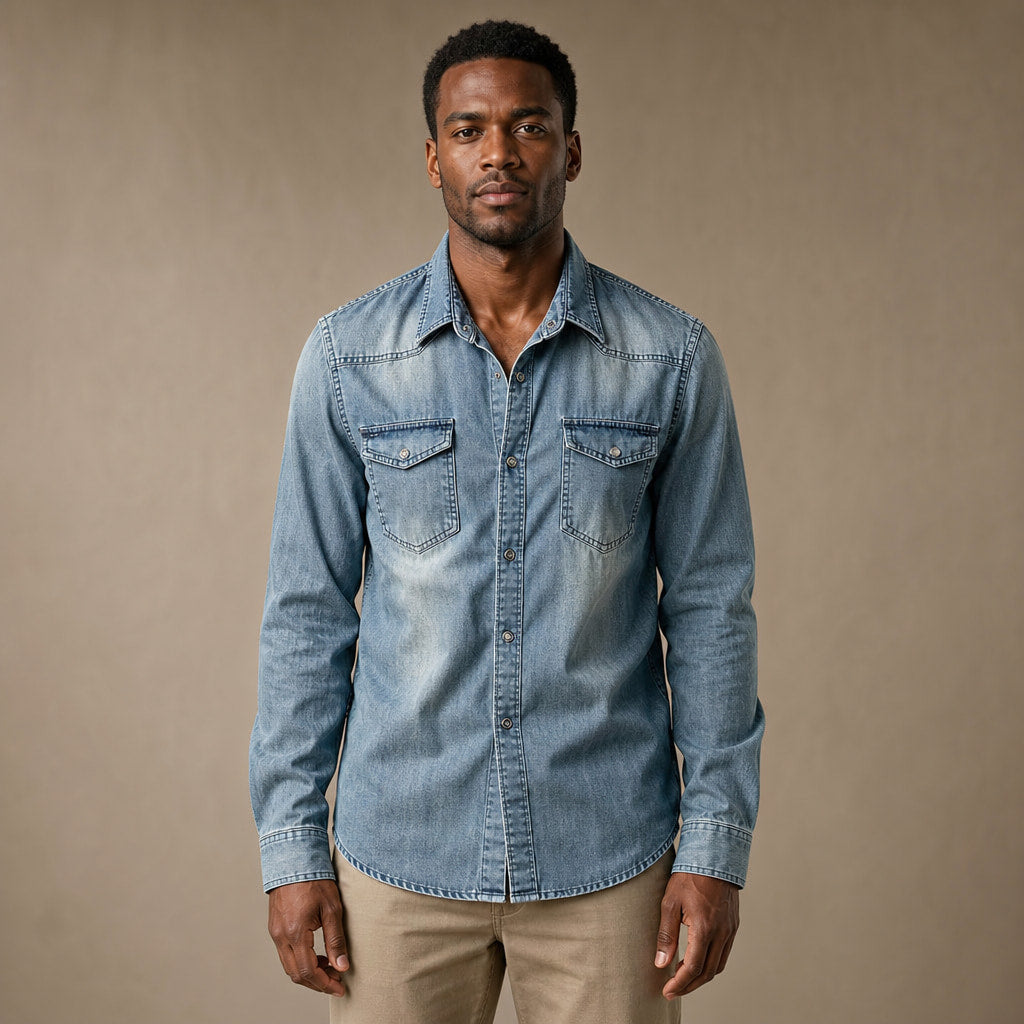 Denim Shirt Loose Fit Long Sleeve in Vintage Blue – Tarlano Premium Menswear