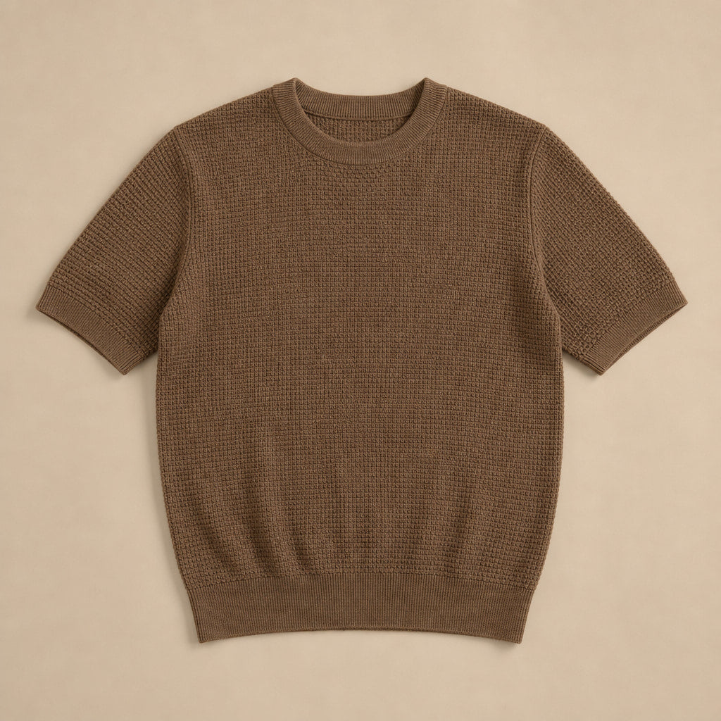 Waffle Knit T-Shirt Crew Neck Brown – Product Photo