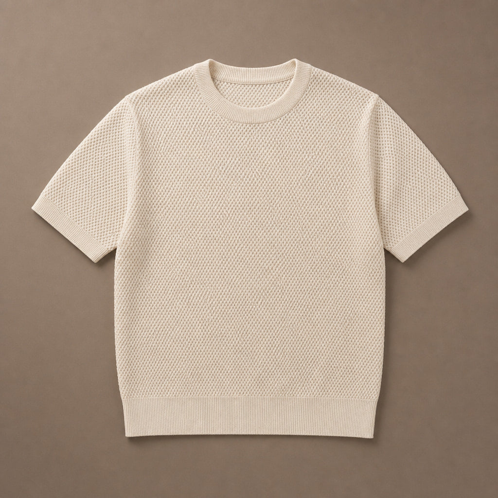 Waffle Knit T-Shirt Crew Neck Cream – Product Photo
