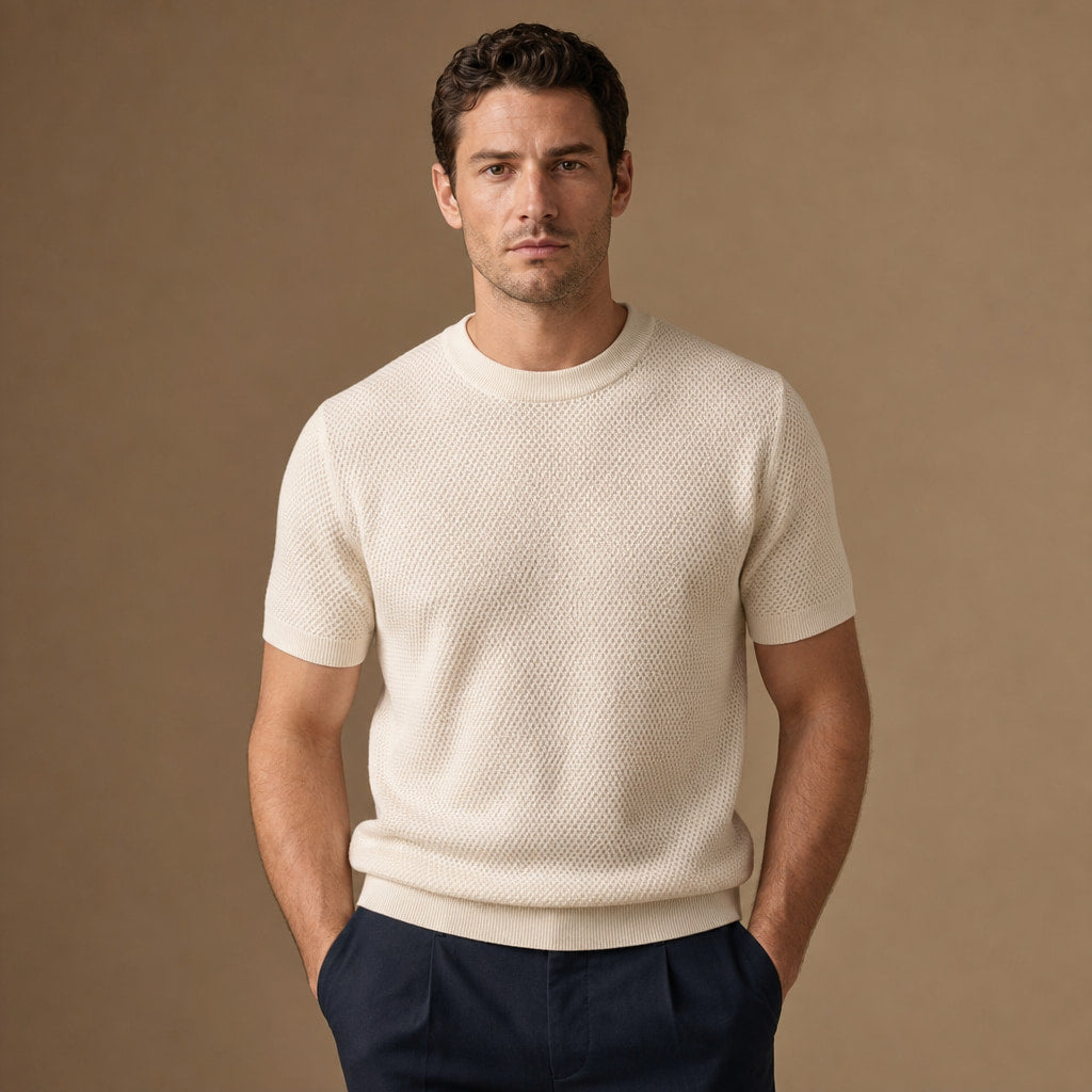 Waffle Knit T-Shirt Crew Neck in Cream – Tarlano Premium Menswear