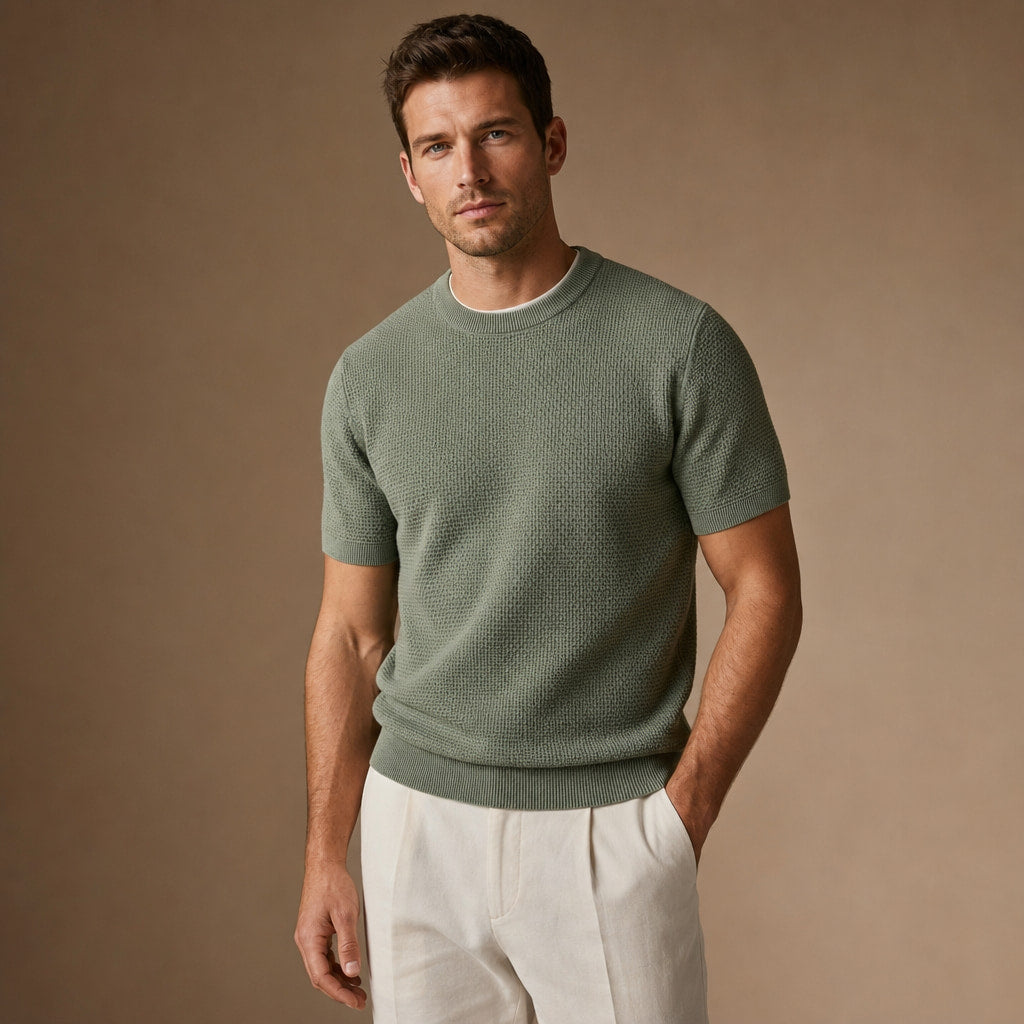 Waffle Knit T-Shirt Crew Neck Green – Side Angle View