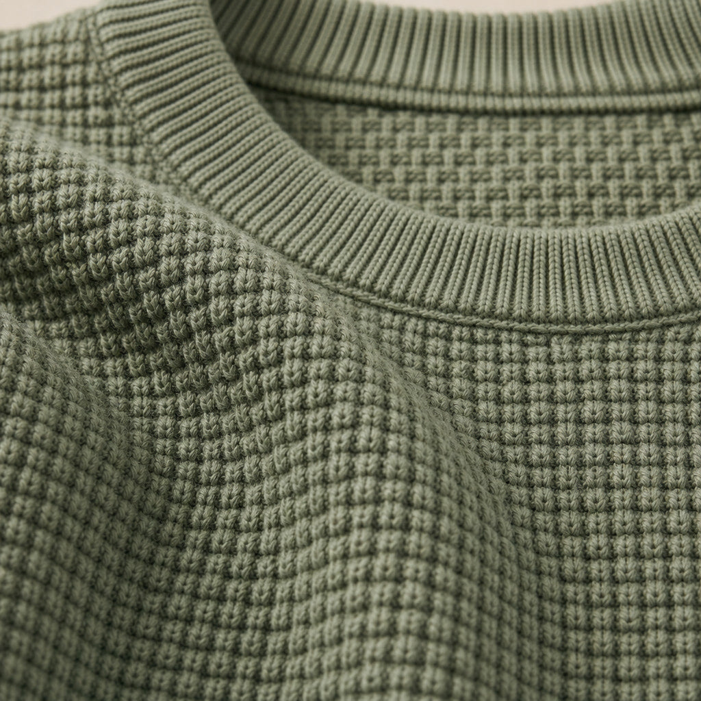 Waffle Knit T-Shirt Crew Neck Green – Fabric and Detail Close-Up