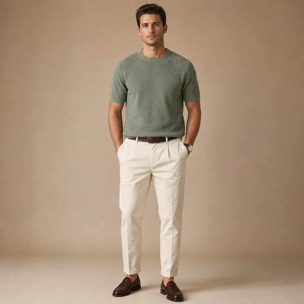 Waffle Knit T-Shirt Crew Neck Green – Full Look