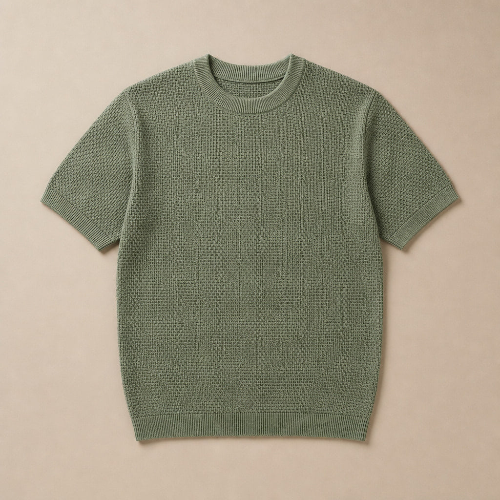 Waffle Knit T-Shirt Crew Neck Green – Product Photo