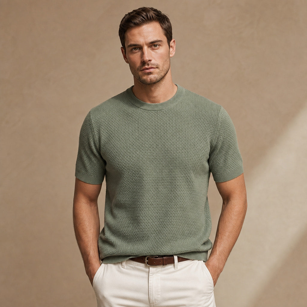 Waffle Knit T-Shirt Crew Neck in Green – Tarlano Premium Menswear