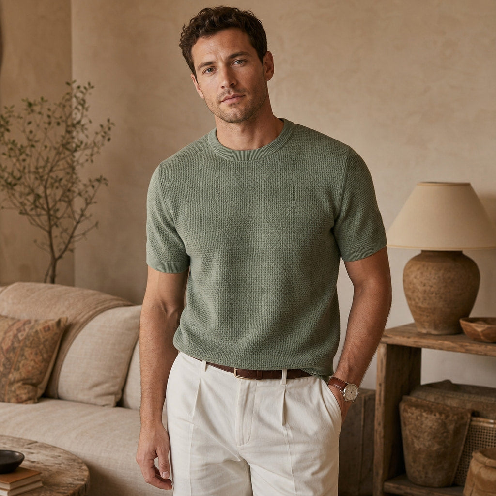 Waffle Knit T-Shirt Crew Neck Green – Styled Editorial Shot