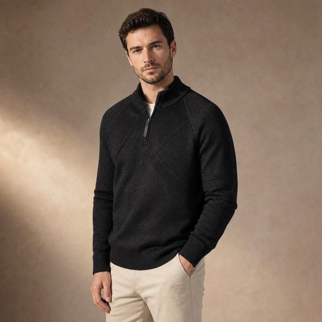 Quarter Zip Sweater Cotton Regular Fit Black – Side Angle View