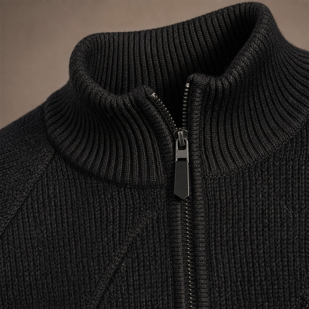 Quarter Zip Sweater Cotton Regular Fit Black – Fabric and Detail Close-Up