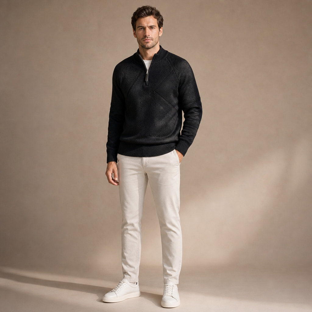 Quarter Zip Sweater Cotton Regular Fit Black – Full Look