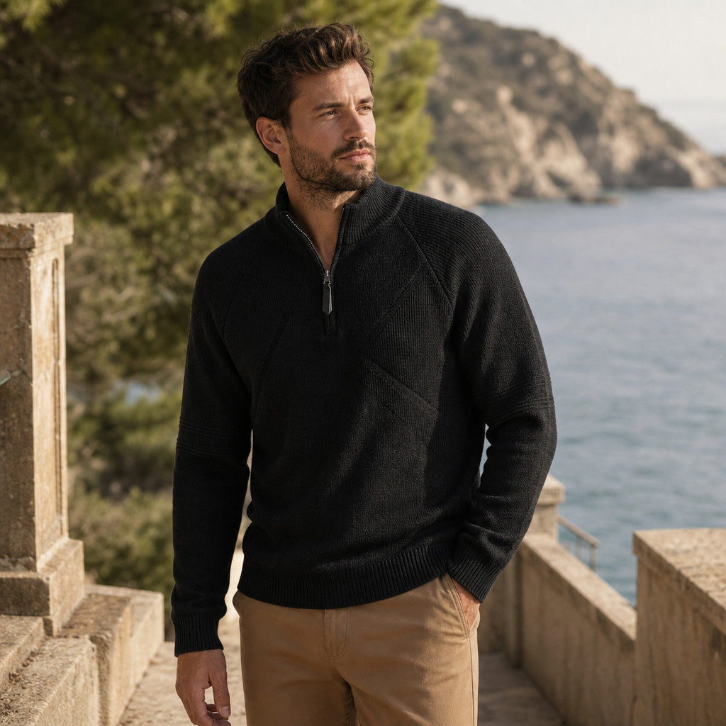 Quarter Zip Sweater Cotton Regular Fit Black – Styled Editorial Shot