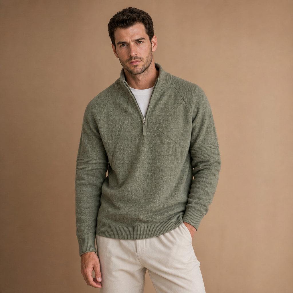 Quarter Zip Sweater Cotton Regular Fit Green – Product Photo