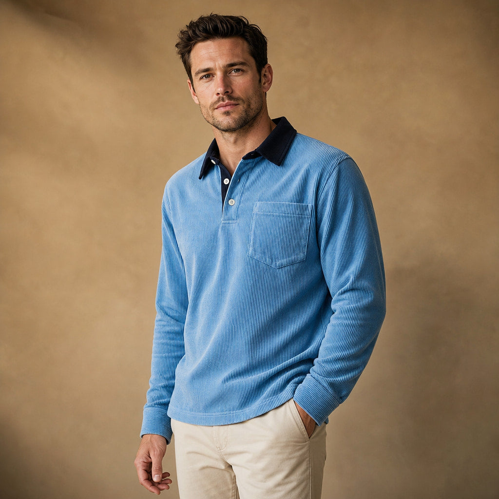 Polo Shirt Corduroy Long Sleeve Blue – Side Angle View