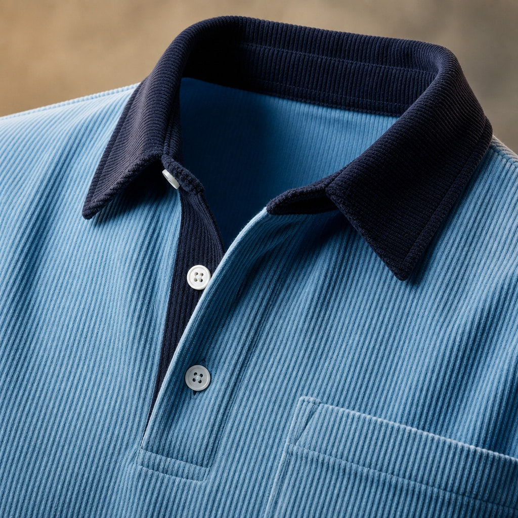 Polo Shirt Corduroy Long Sleeve Blue – Fabric and Detail Close-Up