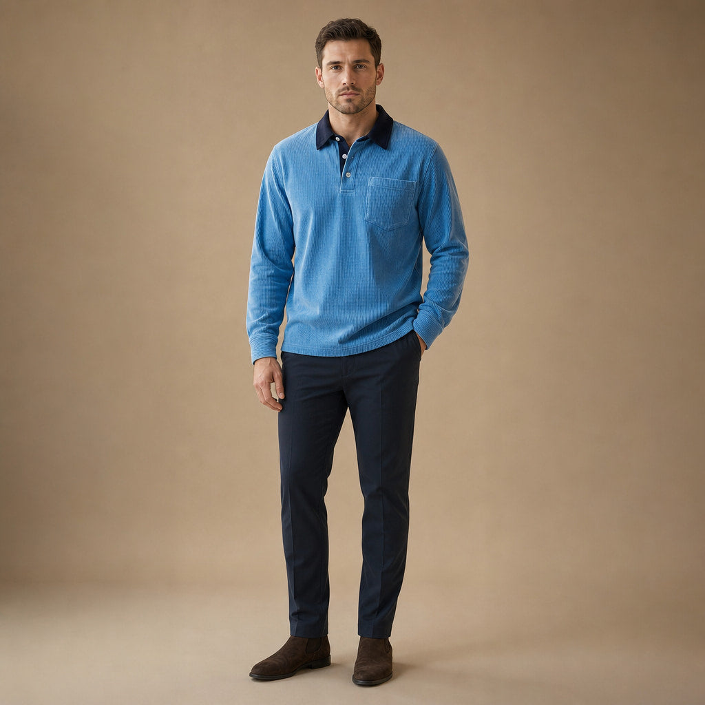 Polo Shirt Corduroy Long Sleeve Blue – Full Look