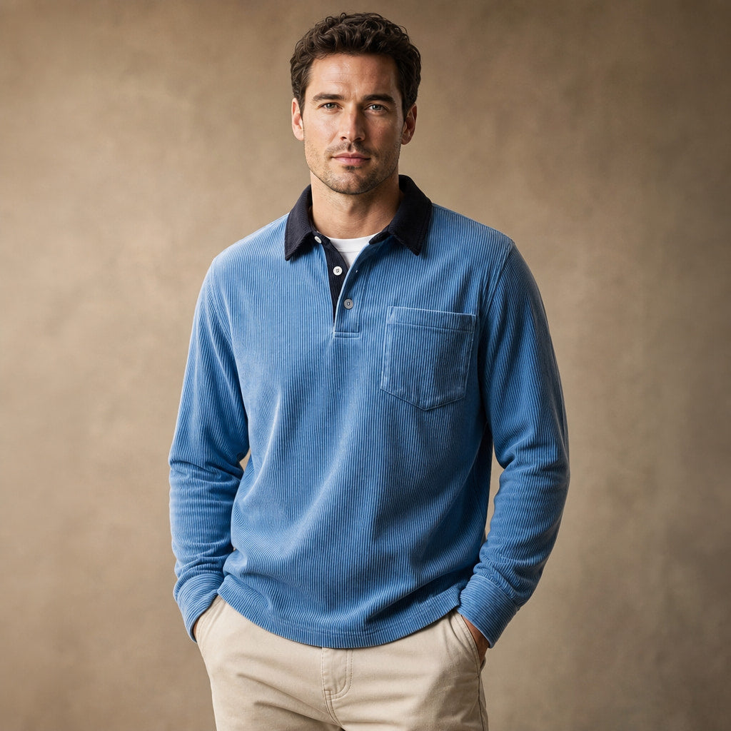 Polo Shirt Corduroy Long Sleeve Blue – Product Photo
