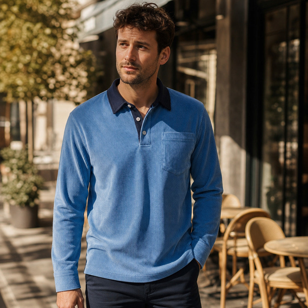 Polo Shirt Corduroy Long Sleeve Blue – Styled Editorial Shot