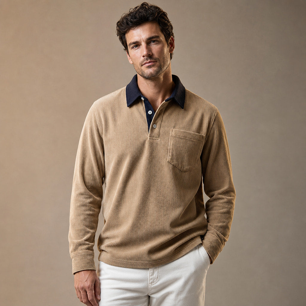 Polo Shirt Corduroy Long Sleeve Khaki – Product Photo