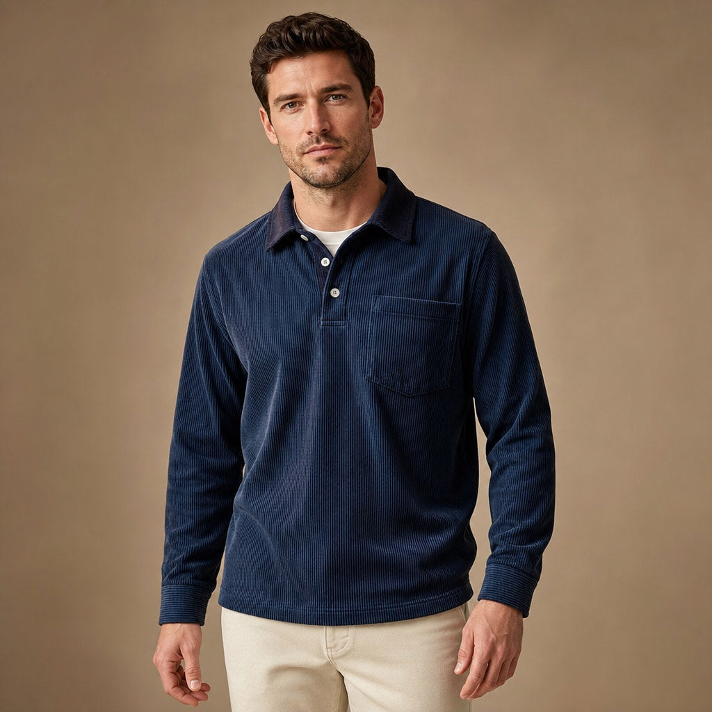 Polo Shirt Corduroy Long Sleeve in Navy Blue – Tarlano Premium Menswear