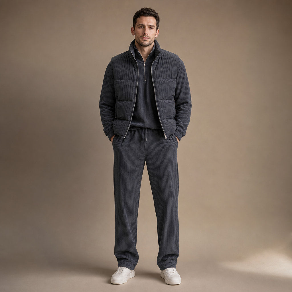 3 Piece Set Corduroy Effect Padded Gilet in Graphite – Tarlano Premium Menswear