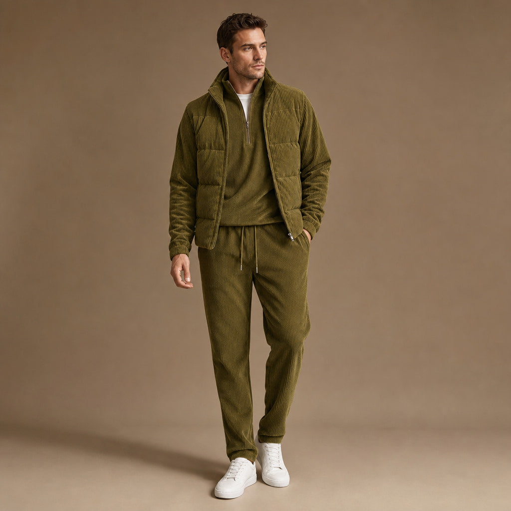 3 Piece Set Corduroy Effect Padded Gilet Khaki – Product Photo