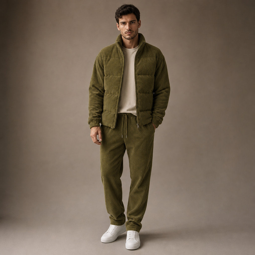 3 Piece Set Corduroy Effect Padded Gilet in Khaki – Tarlano Premium Menswear