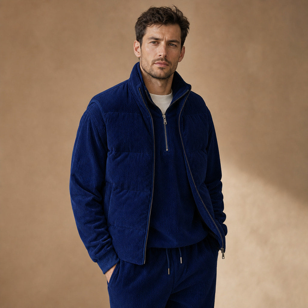 3 Piece Set Corduroy Effect Padded Gilet Navy – Side Angle View