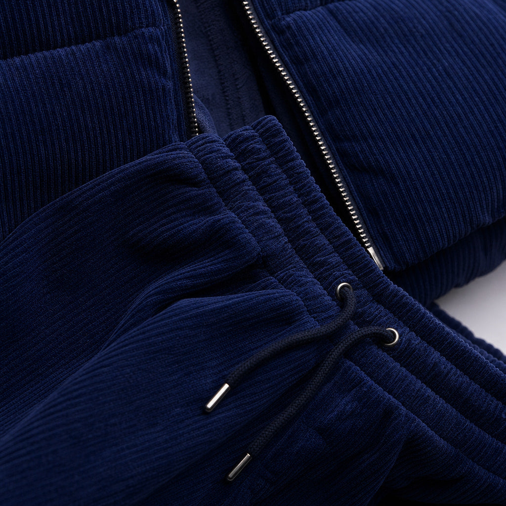 3 Piece Set Corduroy Effect Padded Gilet Navy – Fabric and Detail Close-Up