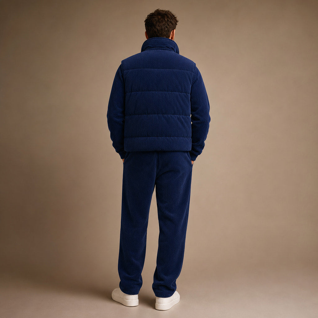 3 Piece Set Corduroy Effect Padded Gilet Navy – Full Look