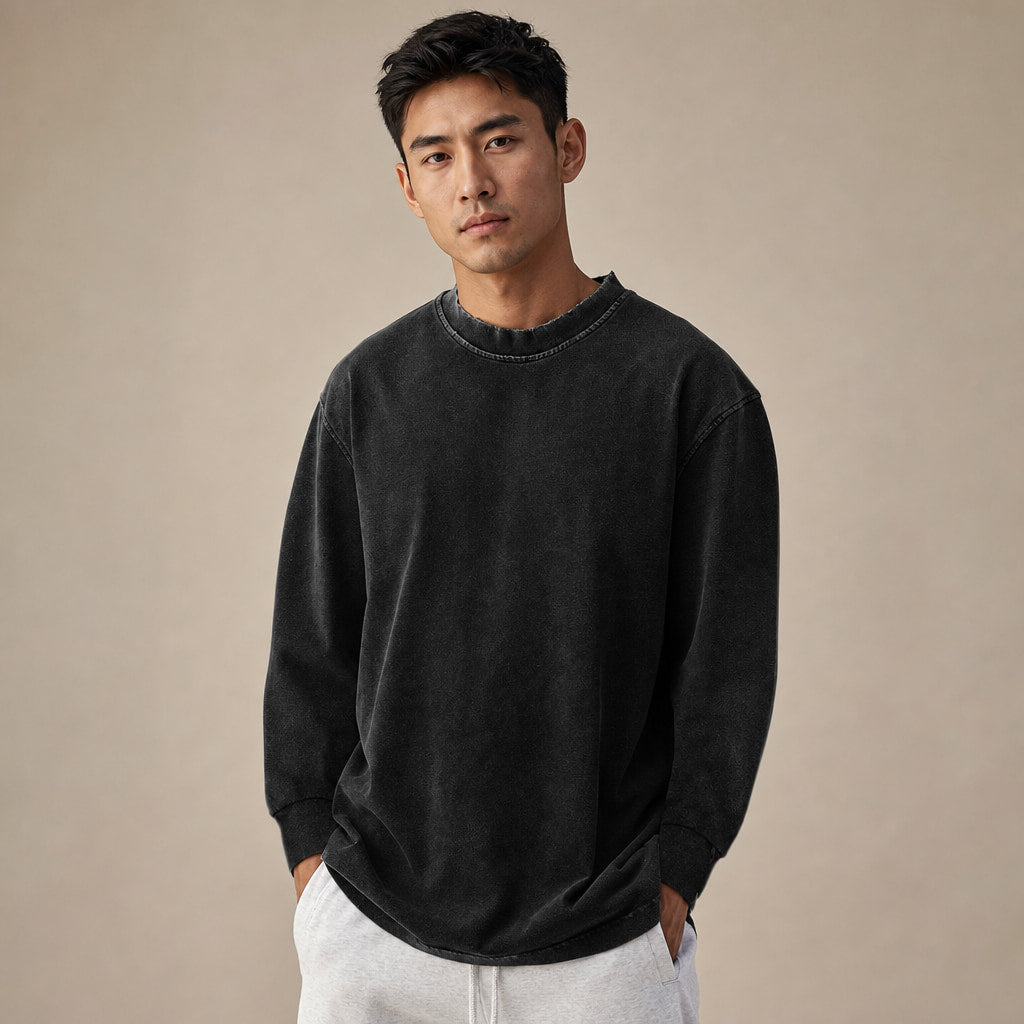Long Sleeve Shirt Crew Neck Relaxed Fit Black – Product Photo