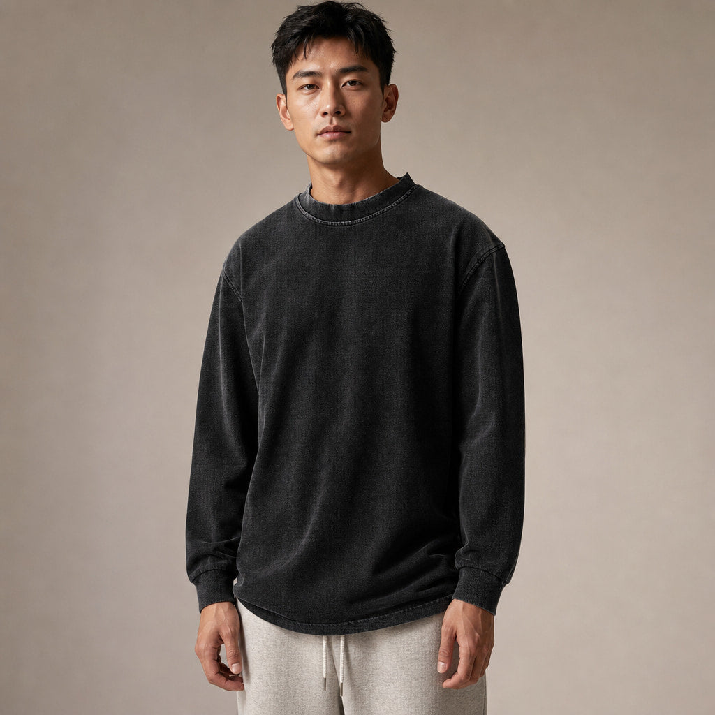 Long Sleeve Shirt Crew Neck Relaxed Fit in Black – Tarlano Premium Menswear