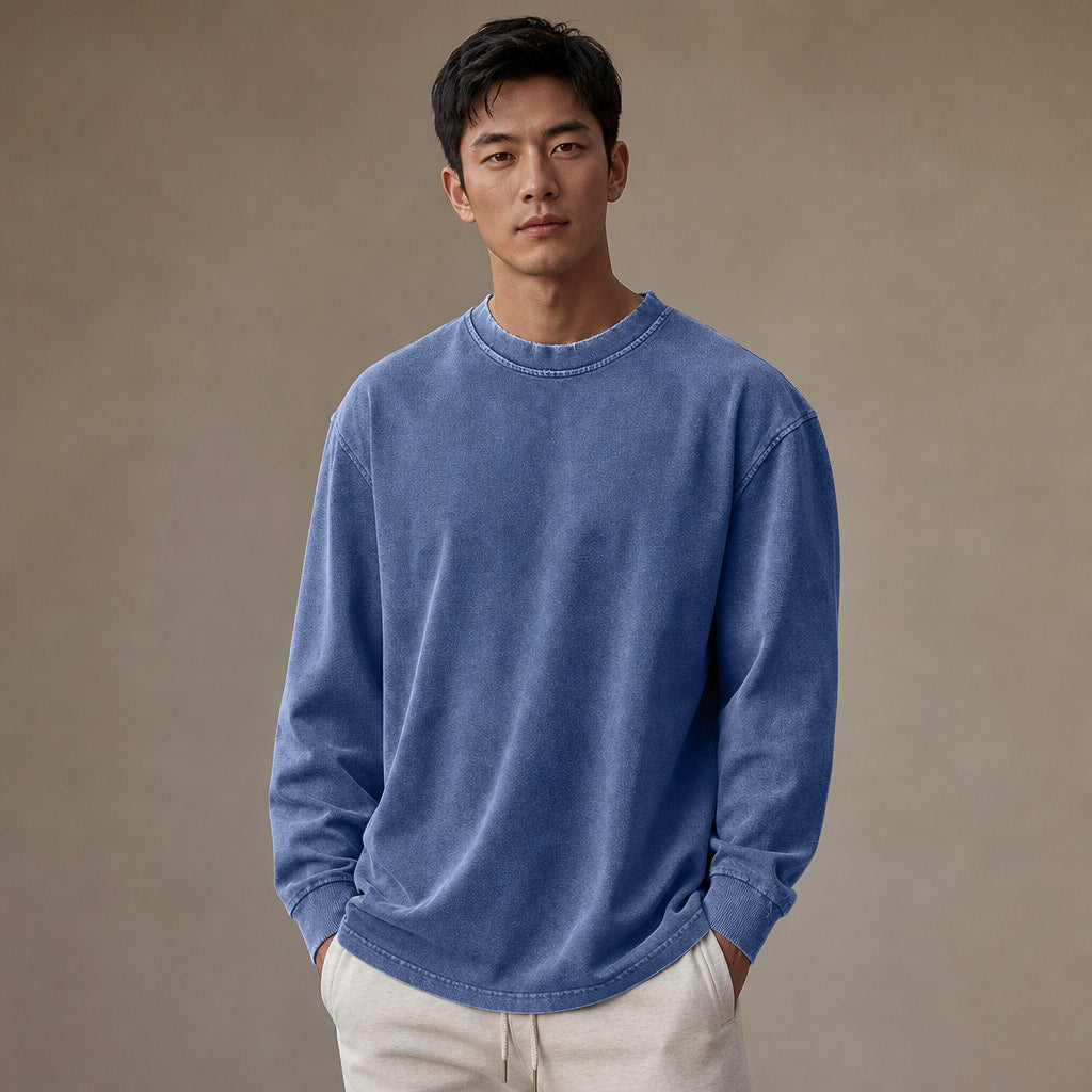Long Sleeve Shirt Crew Neck Relaxed Fit Blue – Product Photo