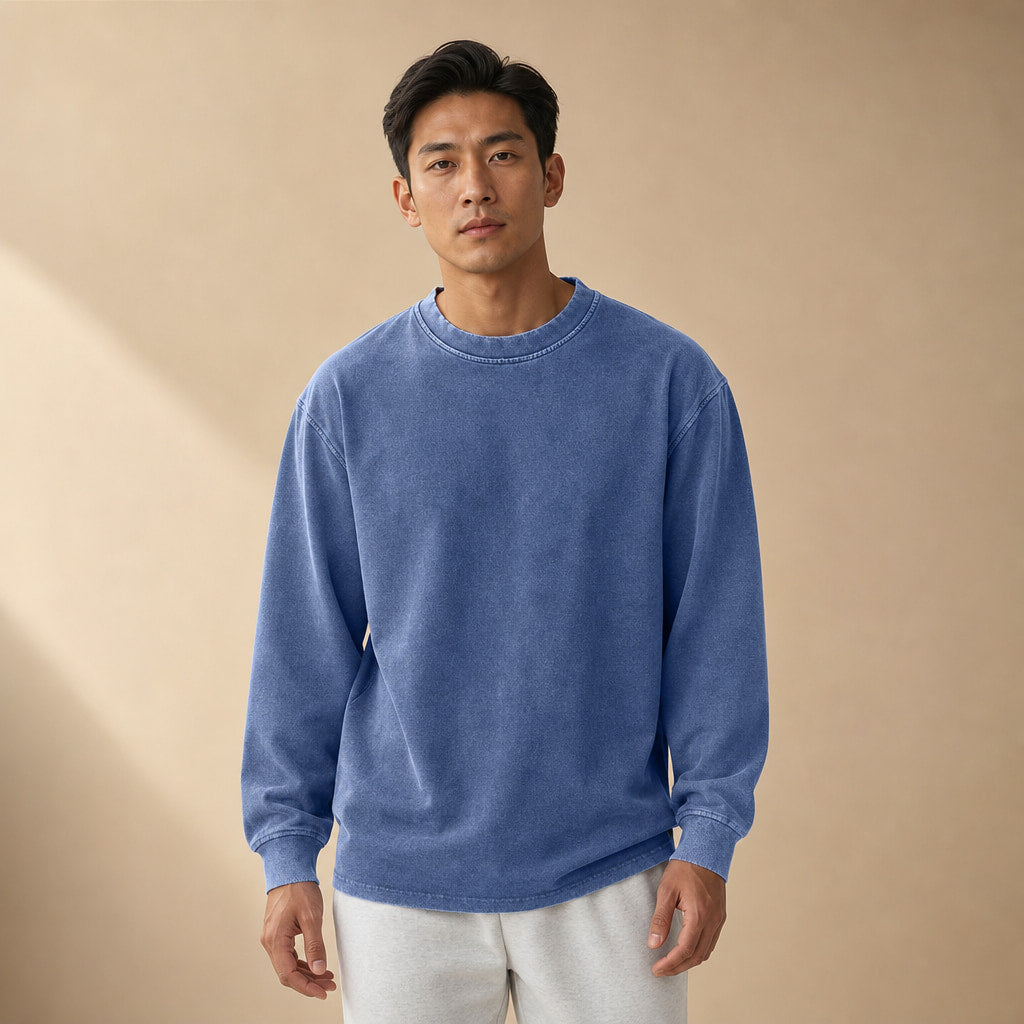 Long Sleeve Shirt Crew Neck Relaxed Fit in Blue – Tarlano Premium Menswear