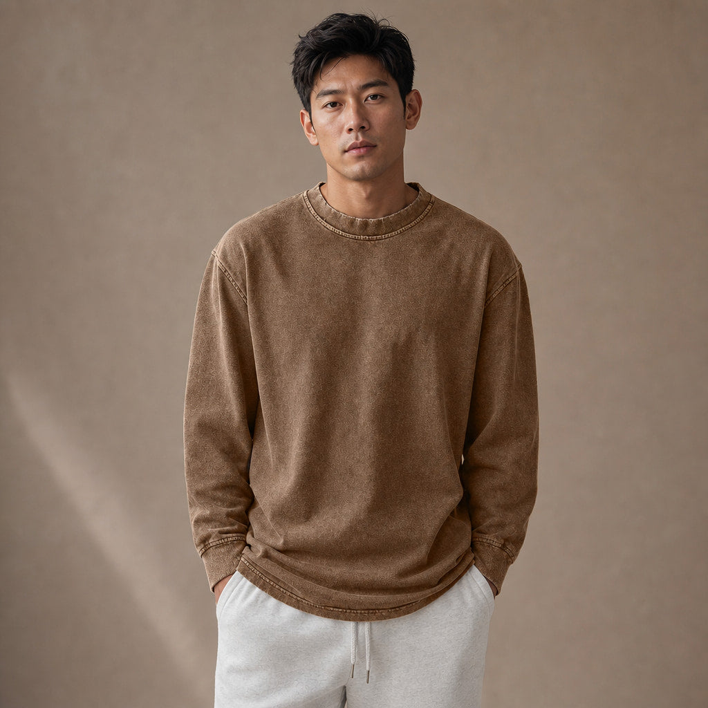 Long Sleeve Shirt Crew Neck Relaxed Fit Brown – Product Photo