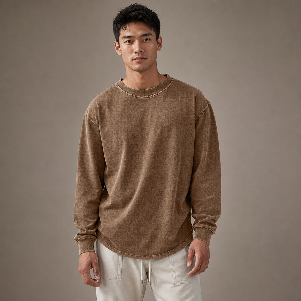 Long Sleeve Shirt Crew Neck Relaxed Fit in Brown – Tarlano Premium Menswear