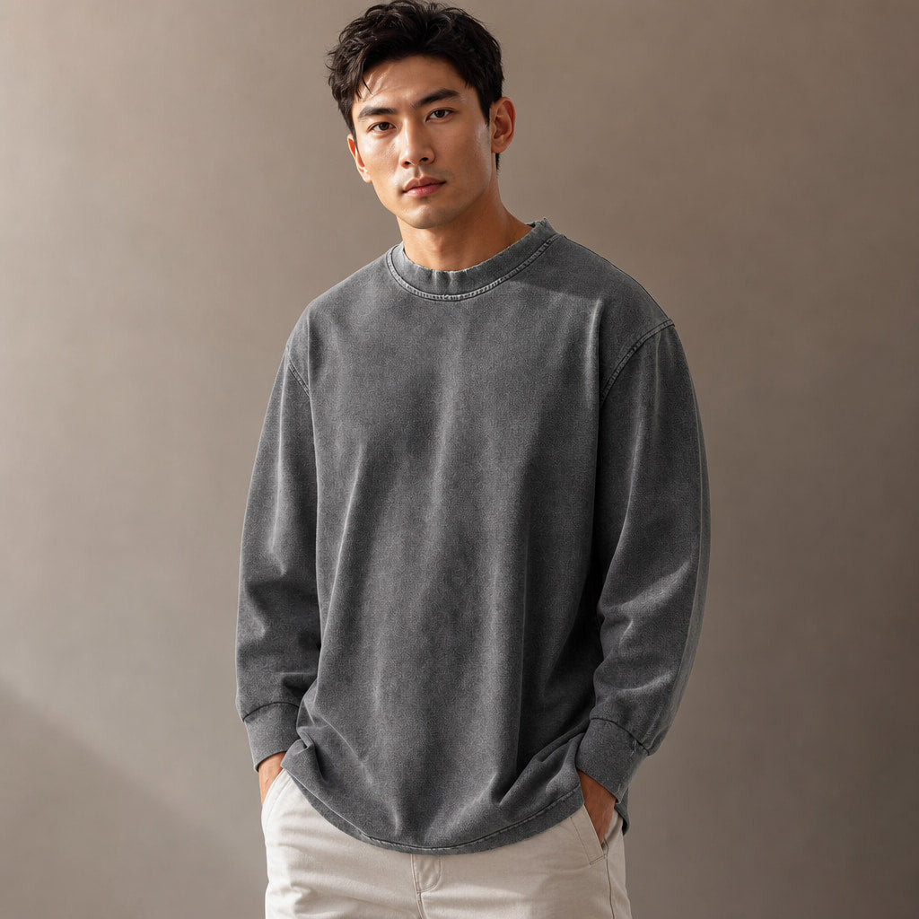 Long Sleeve Shirt Crew Neck Relaxed Fit Gray – Product Photo