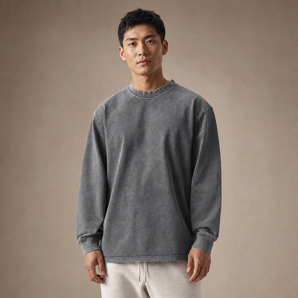 Long Sleeve Shirt Crew Neck Relaxed Fit in Gray – Tarlano Premium Menswear