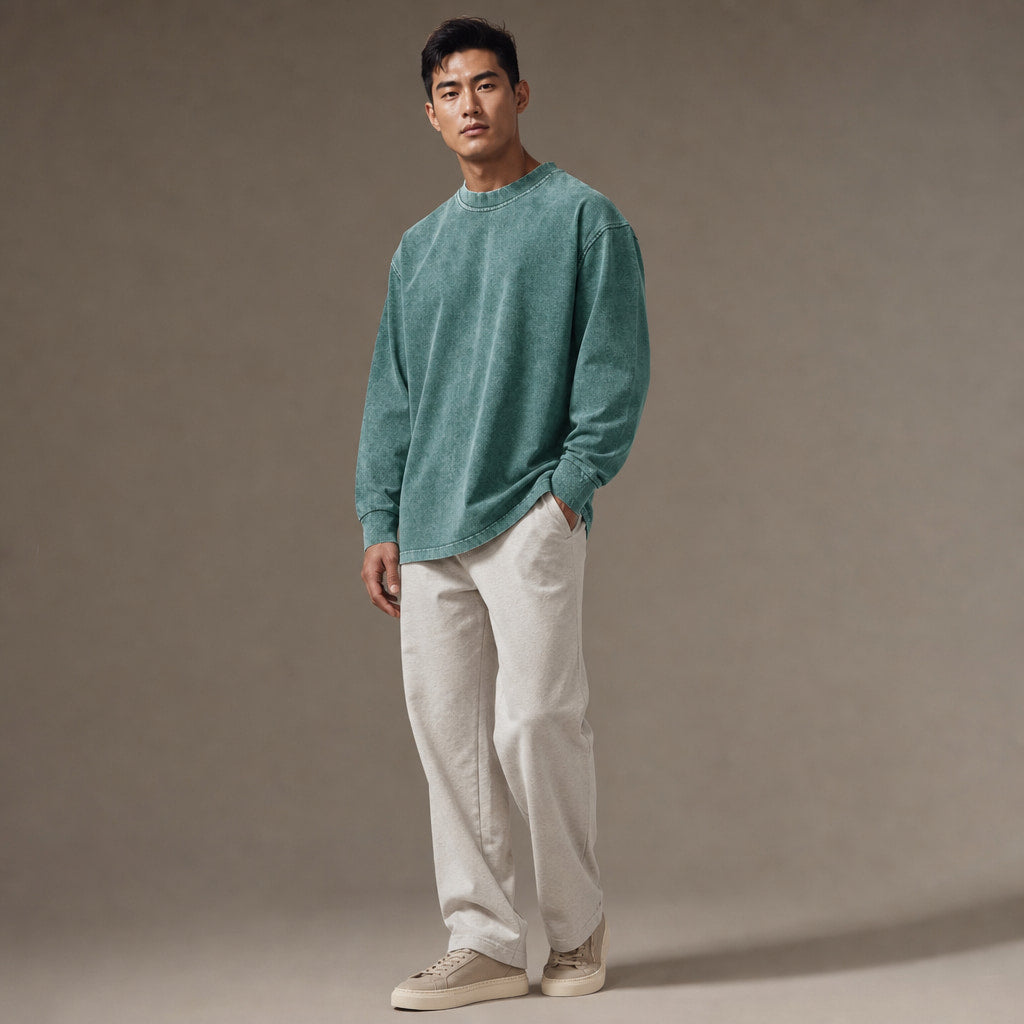 Long Sleeve Shirt Crew Neck Relaxed Fit Green – Side Angle View